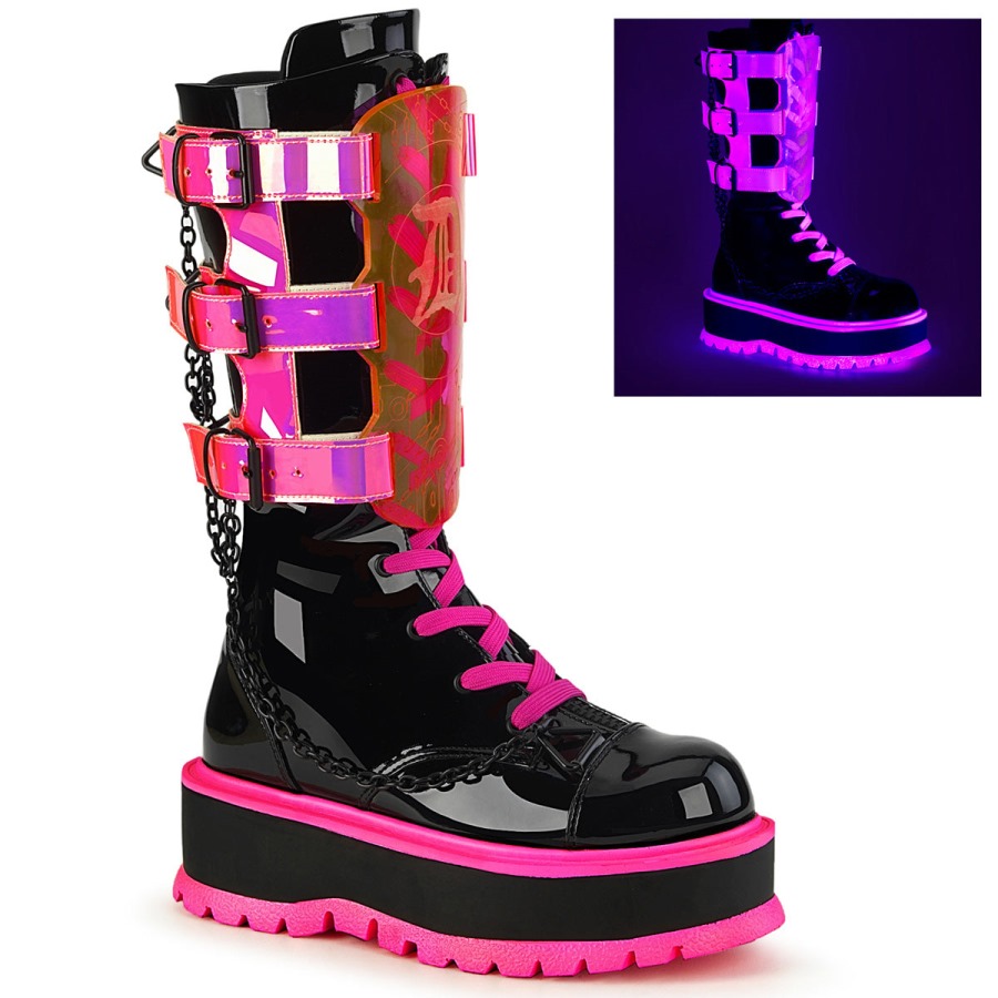 Demonia Portugal Black Patente-u V Neon Pink Slacker-156 - Image 1