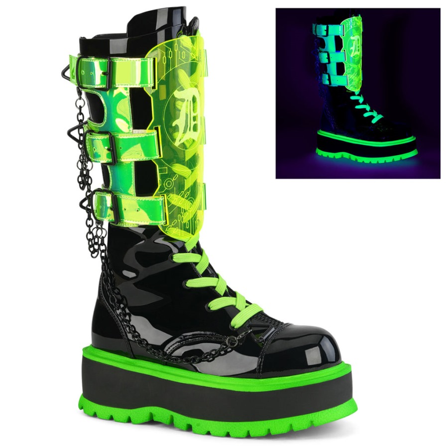 Slacker-156 Demonia Portugal Black Patente-u V Neon Green - Image 2